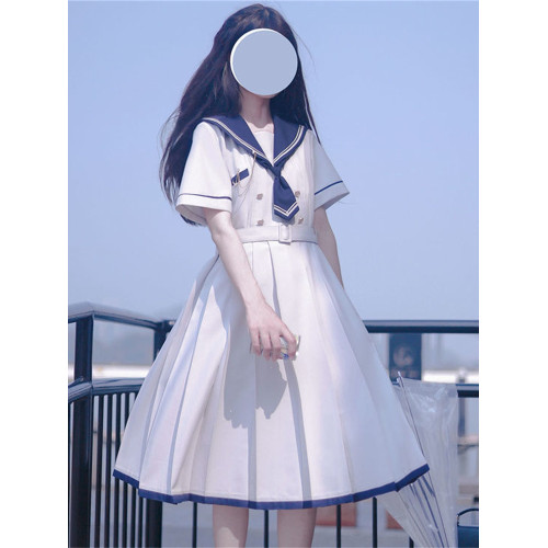 2024夏季新款日系JK水手服海軍領連衣裙學生收腰中長款百褶a字裙
