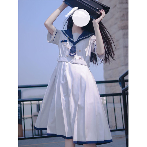 2024夏季新款日系JK水手服海軍領連衣裙學生收腰中長款百褶a字裙