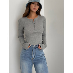 ins歐美風圓領排釦長袖打底衫修身顯瘦高腰外穿短上衣性感顯身材