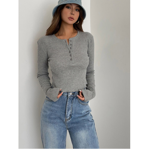 ins歐美風圓領排釦長袖打底衫修身顯瘦高腰外穿短上衣性感顯身材 ins歐美風圓領排釦長袖打底衫修身顯瘦高腰外穿短上衣性感顯身材