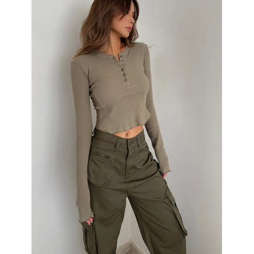 ins歐美風圓領排釦長袖打底衫修身顯瘦高腰外穿短上衣性感顯身材 ins歐美風圓領排釦長袖打底衫修身顯瘦高腰外穿短上衣性感顯身材