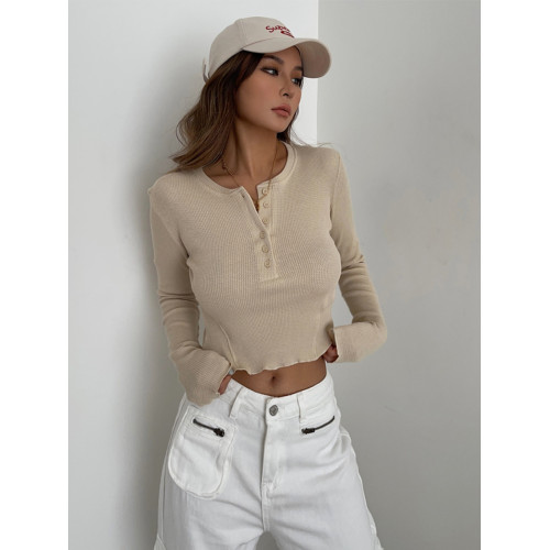 ins歐美風圓領排釦長袖打底衫修身顯瘦高腰外穿短上衣性感顯身材 ins歐美風圓領排釦長袖打底衫修身顯瘦高腰外穿短上衣性感顯身材