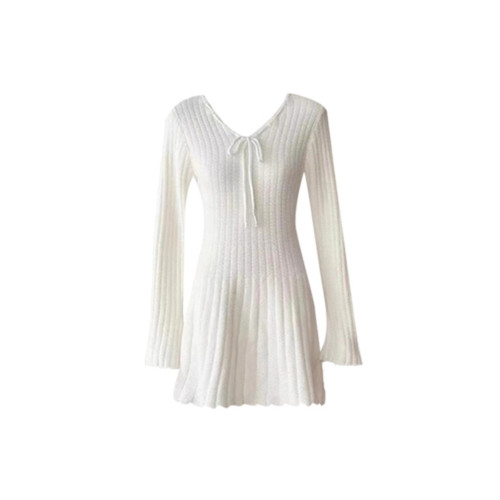 白色V領針織連衣裙女秋冬季修身內搭毛衣裙高腰百褶裙辣妹短裙子