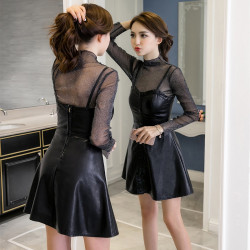 PU皮連衣裙兩件套秋季性感透視衫小心機吊帶裙顯瘦短裙時尚套裝女