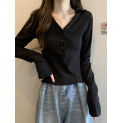 正肩黑色打底衫女春秋2025新款設計感v領收腰魚骨上衣內搭長袖t恤