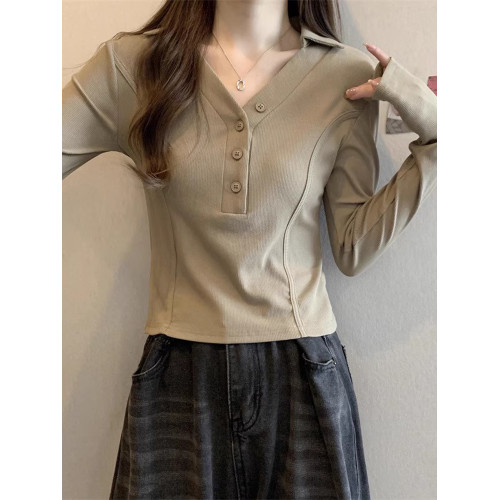 正肩黑色打底衫女春秋2025新款設計感v領收腰魚骨上衣內搭長袖t恤