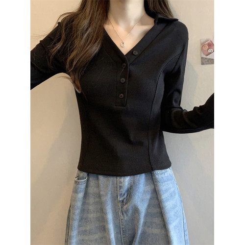 正肩黑色打底衫女春秋2025新款設計感v領收腰魚骨上衣內搭長袖t恤