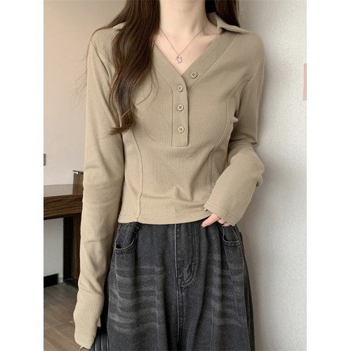 正肩黑色打底衫女春秋2025新款設計感v領收腰魚骨上衣內搭長袖t恤