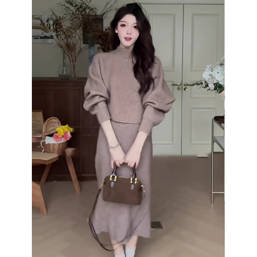 2024秋冬新款韓系穿搭氣質連衣裙針織毛衣裙女慵懶風流行兩件套裝