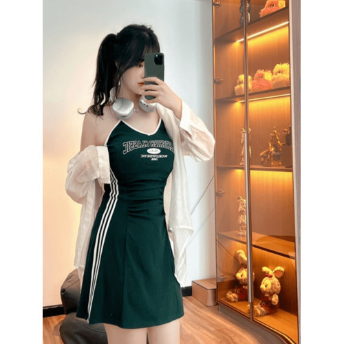 大碼吊帶連衣裙女夏季美式收腰顯瘦短裙胖MM辣妹條紋抹胸運動裙子