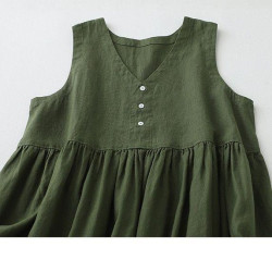 棉麻復古簡約純色V領背心女夏季寬松大碼遮肚顯瘦減齡無袖連衣裙