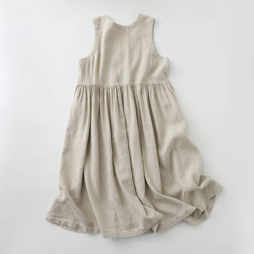 棉麻復古簡約純色V領背心女夏季寬松大碼遮肚顯瘦減齡無袖連衣裙