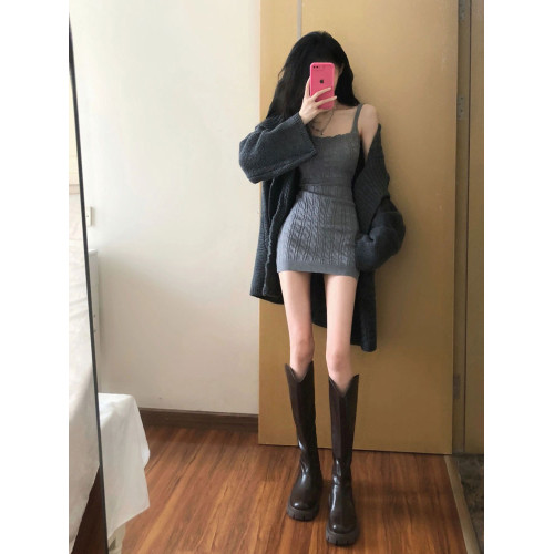 秋冬季純欲辣妹無袖針織吊帶短裙修身緊身顯瘦包臀內搭連衣裙子女