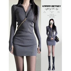 2025新款禦姐高級感灰色針織連衣裙子女秋冬季辣妹修身內搭包臀裙