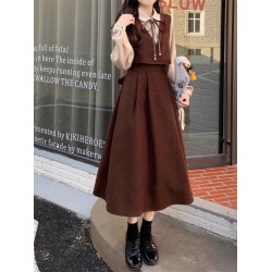 冬裝燈芯絨紅色連衣裙大碼女裝學院風假兩件套裝獨特漂亮長裙子厚