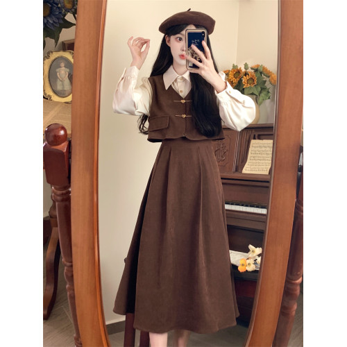 冬裝燈芯絨紅色連衣裙大碼女裝學院風假兩件套裝獨特漂亮長裙子厚