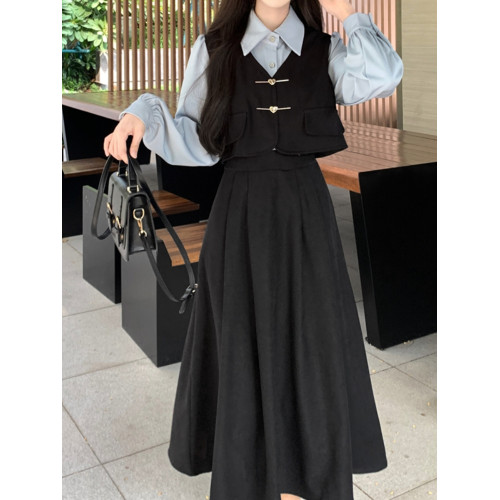 冬裝燈芯絨紅色連衣裙大碼女裝學院風假兩件套裝獨特漂亮長裙子厚