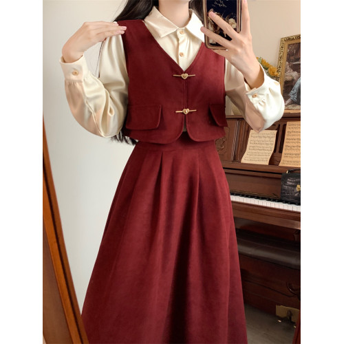 冬裝燈芯絨紅色連衣裙大碼女裝學院風假兩件套裝獨特漂亮長裙子厚