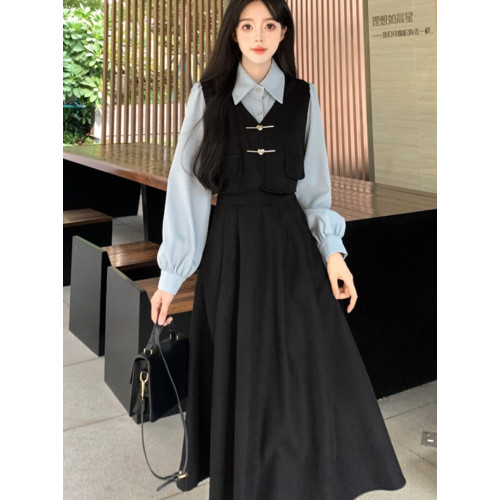 冬裝燈芯絨紅色連衣裙大碼女裝學院風假兩件套裝獨特漂亮長裙子厚