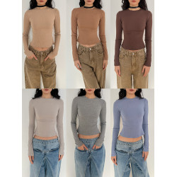 HIGHLIFE 新款辣妹通勤升級面料卡戴珊多色修身顯瘦圓領長袖T恤