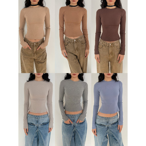 HIGHLIFE 新款辣妹通勤升級面料卡戴珊多色修身顯瘦圓領長袖T恤