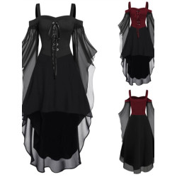 大碼女裝胖妹妹大擺袖不規則拼接萬聖節女巫吊帶綁帶中長款連衣裙