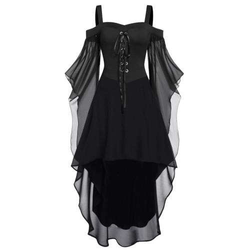 大碼女裝胖妹妹大擺袖不規則拼接萬聖節女巫吊帶綁帶中長款連衣裙