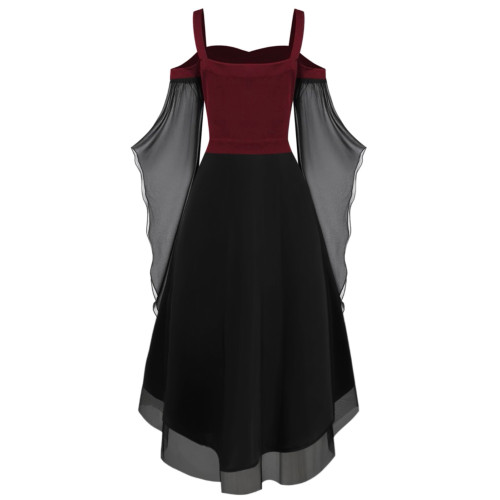 大碼女裝胖妹妹大擺袖不規則拼接萬聖節女巫吊帶綁帶中長款連衣裙