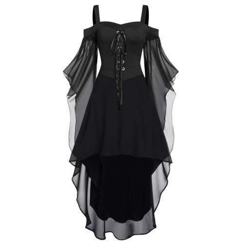 大碼女裝胖妹妹大擺袖不規則拼接萬聖節女巫吊帶綁帶中長款連衣裙