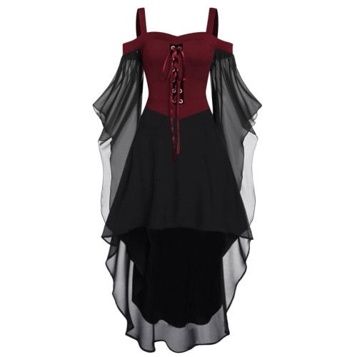 大碼女裝胖妹妹大擺袖不規則拼接萬聖節女巫吊帶綁帶中長款連衣裙