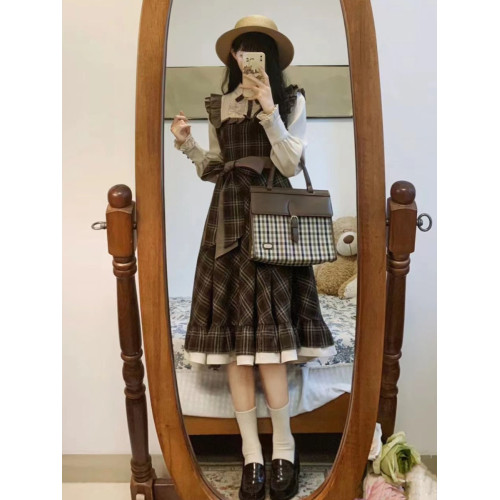 絕美小裙復古學院風格紋polo連衣裙女秋冬假兩件背帶裙收腰襯衫裙