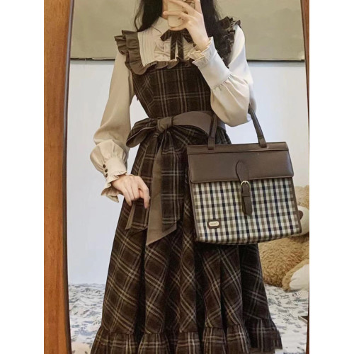 絕美小裙復古學院風格紋polo連衣裙女秋冬假兩件背帶裙收腰襯衫裙