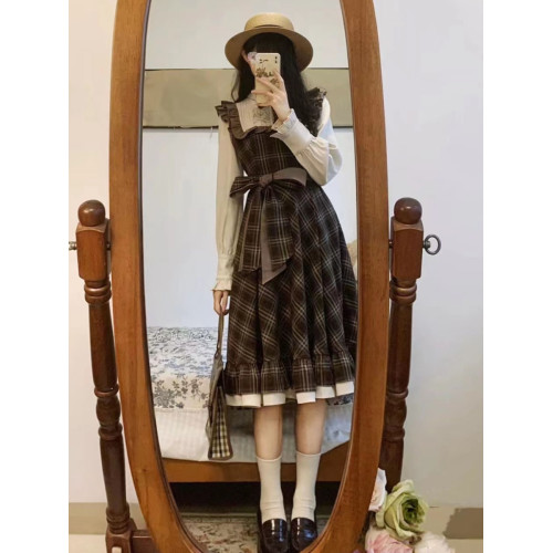 絕美小裙復古學院風格紋polo連衣裙女秋冬假兩件背帶裙收腰襯衫裙