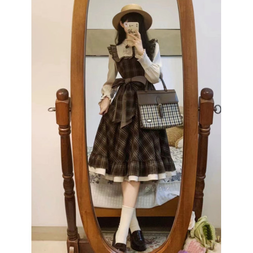 絕美小裙復古學院風格紋polo連衣裙女秋冬假兩件背帶裙收腰襯衫裙