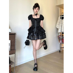 胖mm法式純欲高級感泡泡袖連衣裙夏大碼甜辣妹收腰公主蛋糕蓬蓬裙