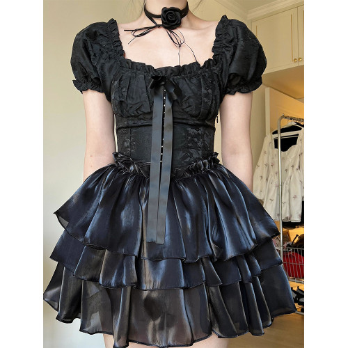 胖mm法式純欲高級感泡泡袖連衣裙夏大碼甜辣妹收腰公主蛋糕蓬蓬裙