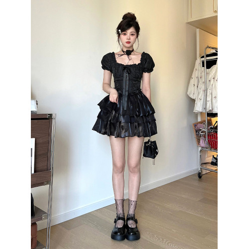 胖mm法式純欲高級感泡泡袖連衣裙夏大碼甜辣妹收腰公主蛋糕蓬蓬裙