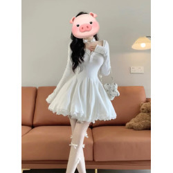 溫柔蕾絲邊針織連衣裙女秋冬新款配大衣修身顯瘦打底內搭收腰短裙