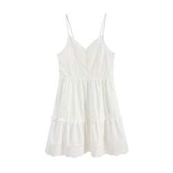 小雨日系少女感花邊蕾絲V領吊帶裙春夏季女白色曡穿短款連衣裙子