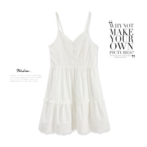 小雨日系少女感花邊蕾絲V領吊帶裙春夏季女白色曡穿短款連衣裙子