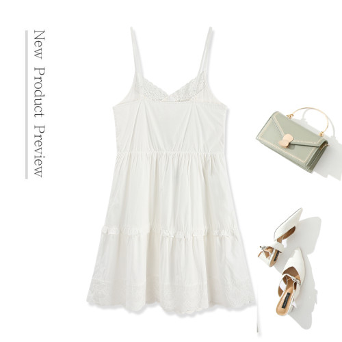 小雨日系少女感花邊蕾絲V領吊帶裙春夏季女白色曡穿短款連衣裙子