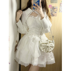 白色吊帶上衣帶胸墊+純欲收腰公主蓬蓬裙套裝芭蕾風性感生日短裙