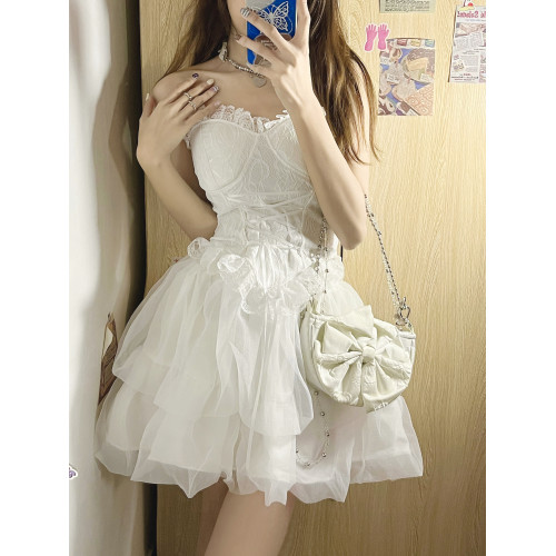 白色吊帶上衣帶胸墊+純欲收腰公主蓬蓬裙套裝芭蕾風性感生日短裙