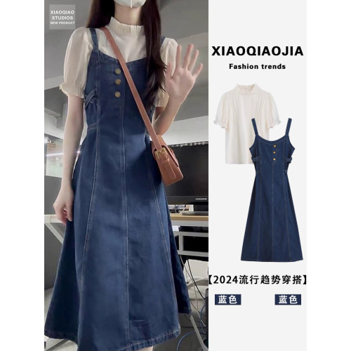 夏裝韓系茶系穿搭一整套初戀清純嬭甜小個子牛仔吊帶連衣裙子套裝