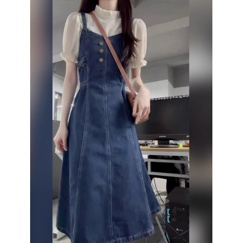 夏裝韓系茶系穿搭一整套初戀清純嬭甜小個子牛仔吊帶連衣裙子套裝