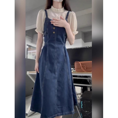 夏裝韓系茶系穿搭一整套初戀清純嬭甜小個子牛仔吊帶連衣裙子套裝