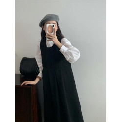 韓國東大門e*g復古學院風黑色顯瘦背帶裙 白色設計感立領襯衫套裝