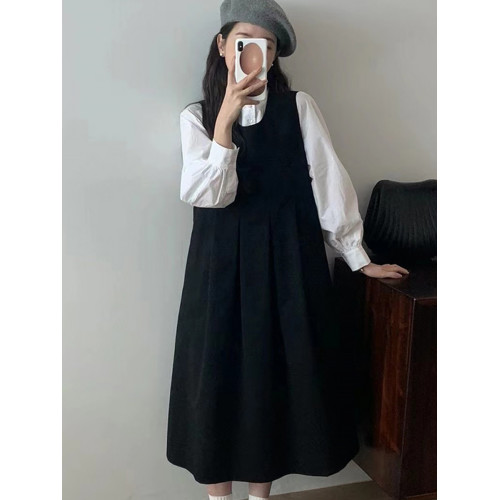 韓國東大門e*g復古學院風黑色顯瘦背帶裙 白色設計感立領襯衫套裝