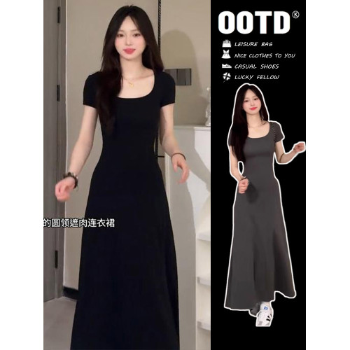 2025新款小個子法式黑色連衣裙子夏季女裝高級感氣質修身收腰長裙