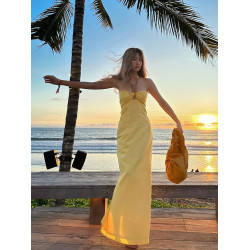 性感露背長裙三亞海邊度假裙旅遊穿搭拍照連衣裙系帶旅行沙灘裙子